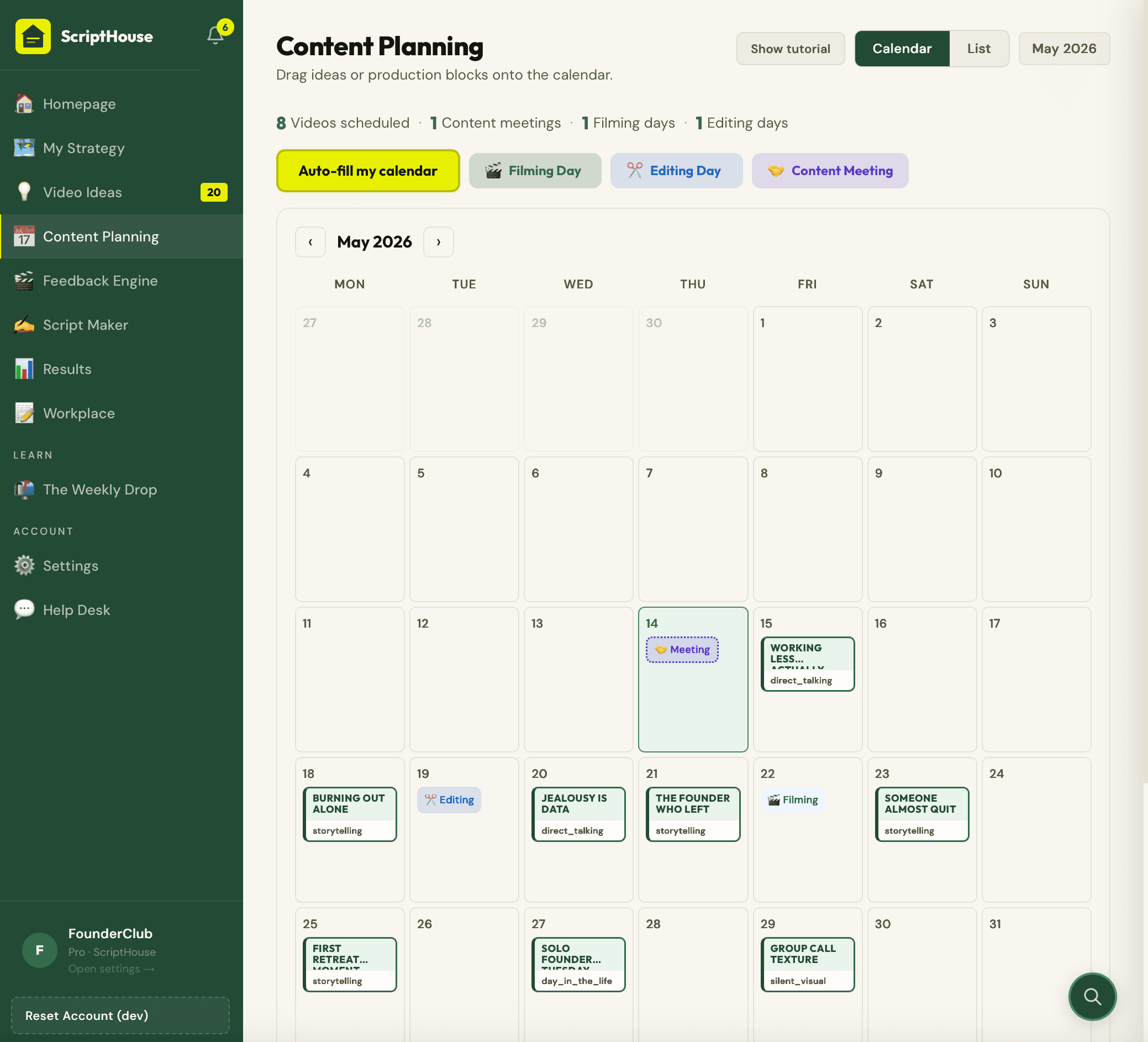 ScriptHouse content planning calendar with scheduled videos and editing blocks
