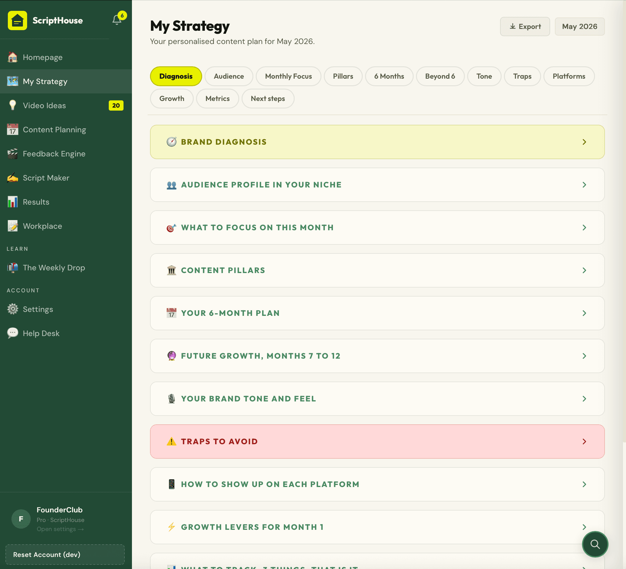 ScriptHouse strategy page showing pillars, audience profile, and growth arc
